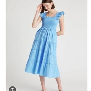 Quince 100% Organic Cotton Poplin Smocked Midi Dress Small Cornflower Cottage